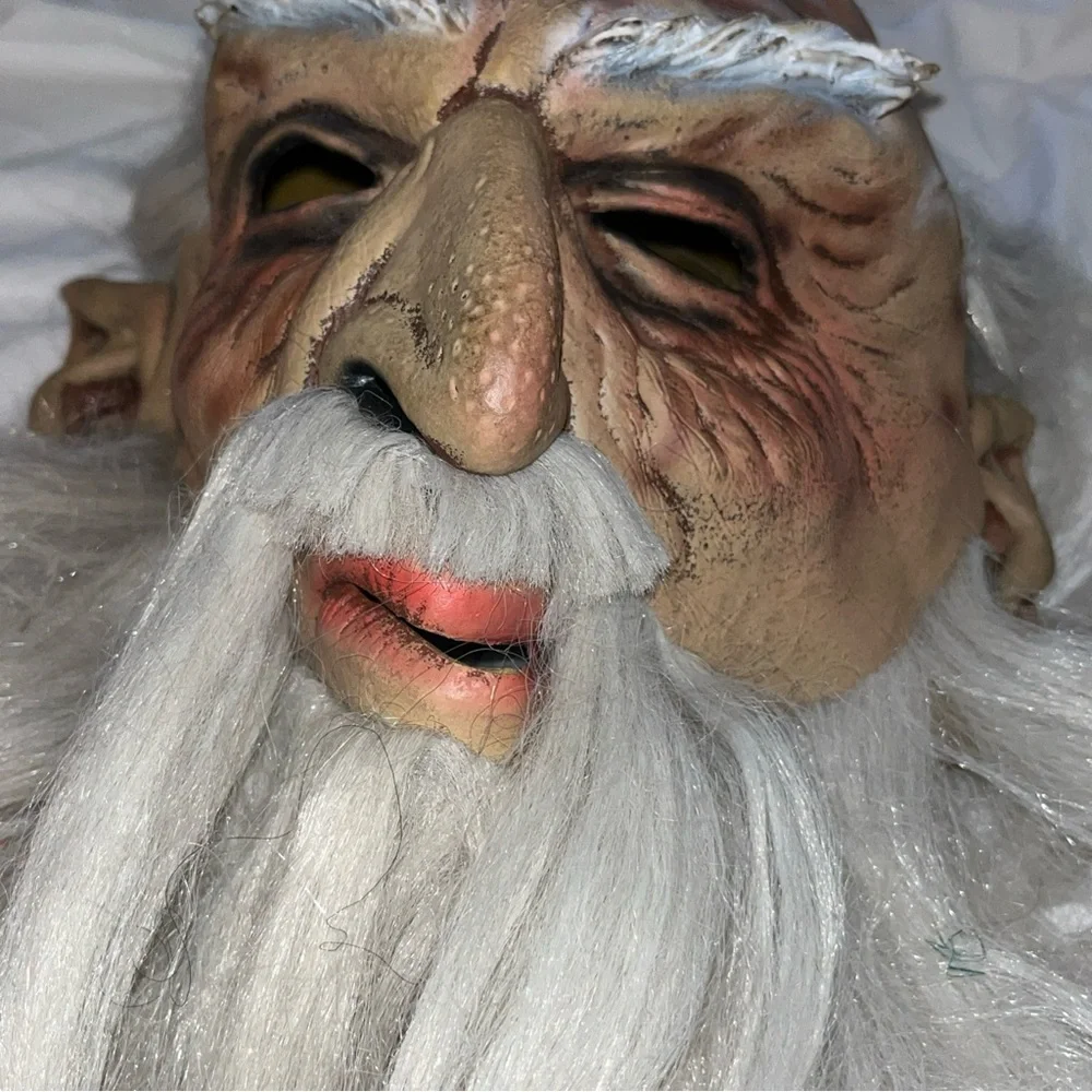 Vintage 2003 OLD MAN Mask WIZARD Full Head White Hair Beard Pointed Elf Ears VTG
